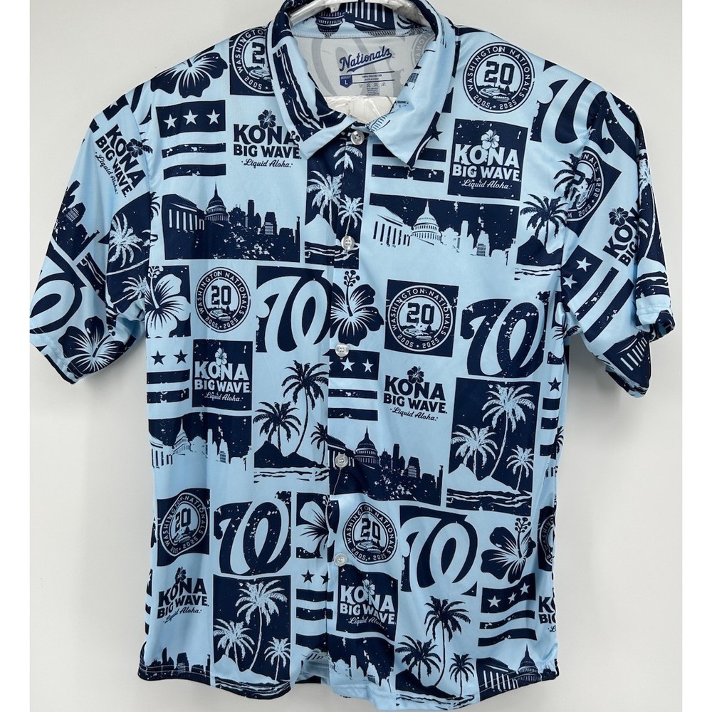 Washington Nationals MLB 20th Anniversary Button Down Kona Big Wave‎ Blue Large